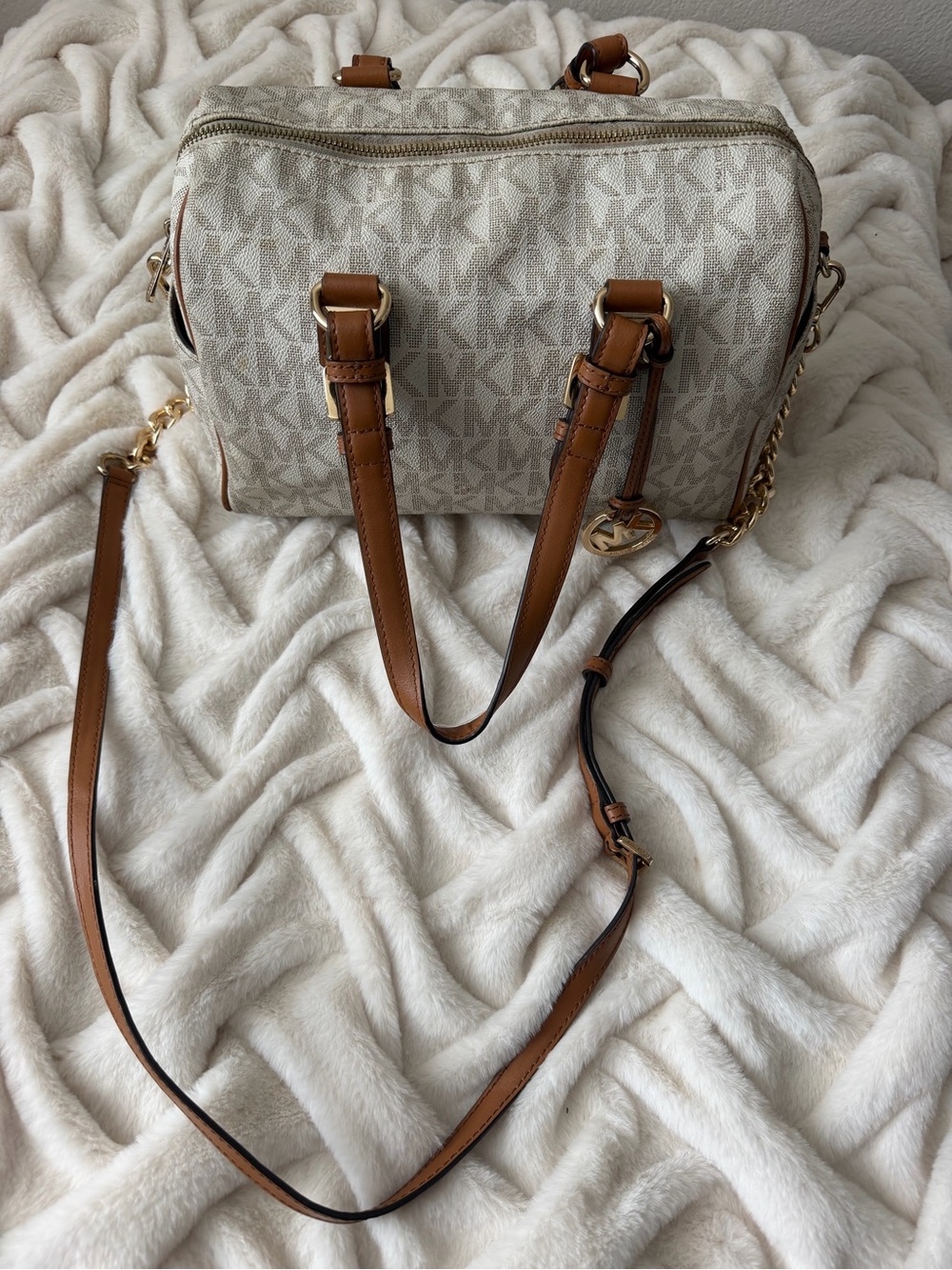Michael Kors Beige Monogram Satchel with Brown Leather Trim